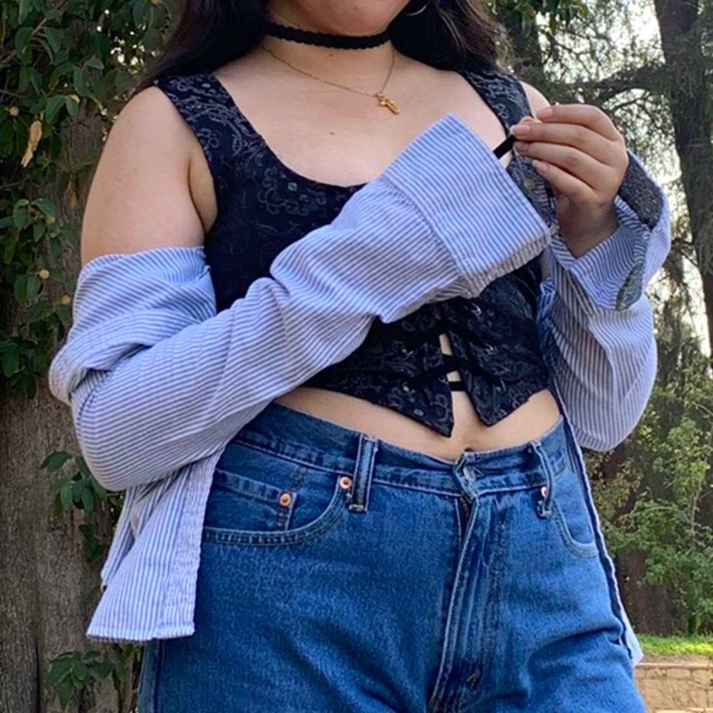 Blue and white striped button down long sleeve shirt